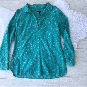 Talbots Teal Floral Print Cotton Popover Blouse
